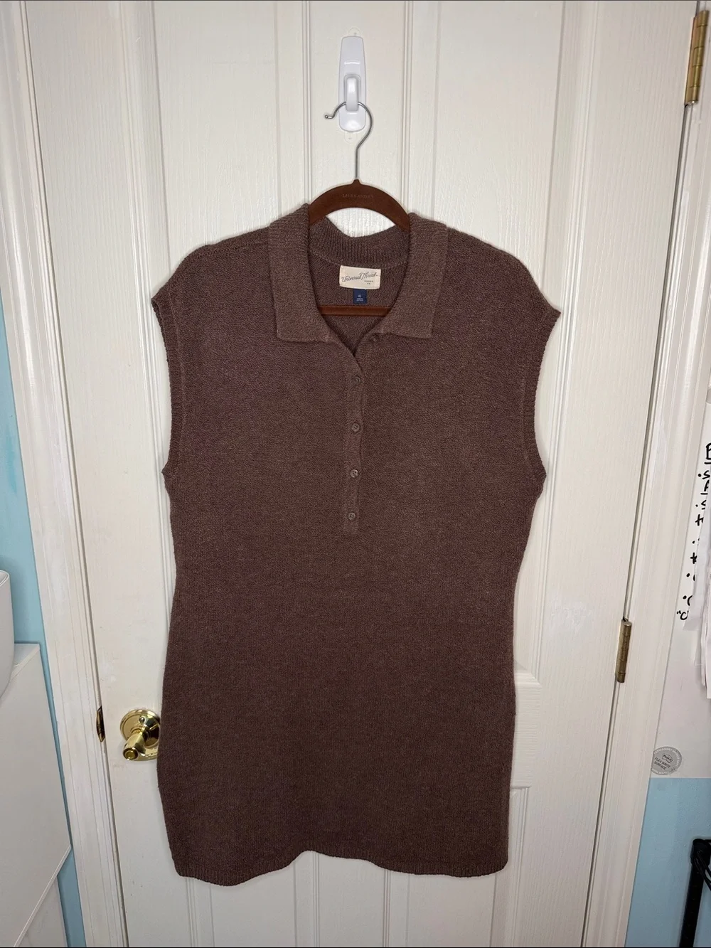 Universal Thread Brown Knit Sweater Dress with Button Down Collar and Cap Sleeve